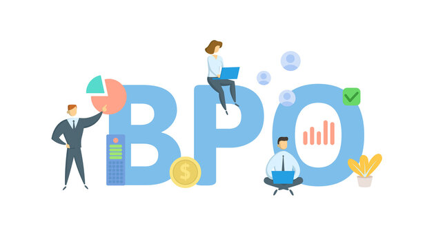 Illustration representing Best BPO services in Pakistan in 2026, showing professionals working with charts, analytics, laptops, and business icons around the large BPO letters.