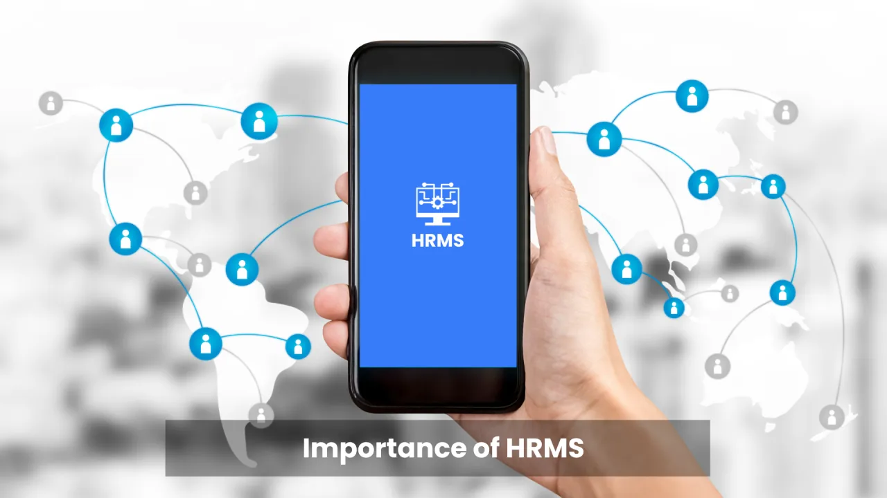 Importance of HCM illustrated with a mobile HCM interface on a smartphone, showing global connectivity icons to highlight essential HCM features and workforce management.