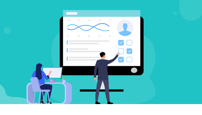 Illustration of professionals analyzing data and managing employee profiles on a large digital screen — concept for HCM Software Pricing Comparison Pakistan.