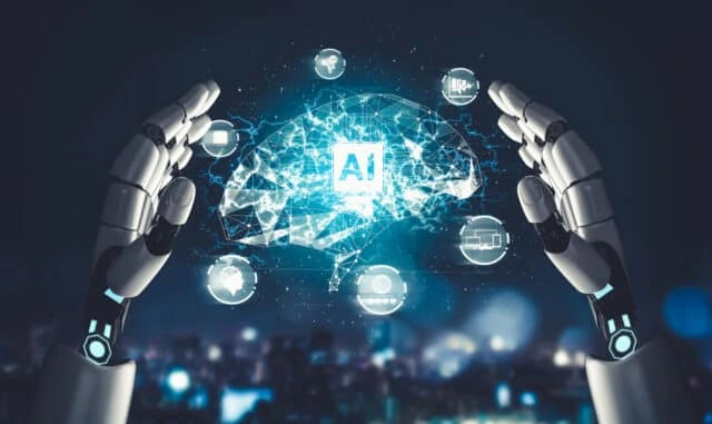 Futuristic robotic hands surrounding a glowing digital brain labeled “AI,” symbolizing AI-Powered HCM in Pakistan and the integration of artificial intelligence in modern human resource management systems.