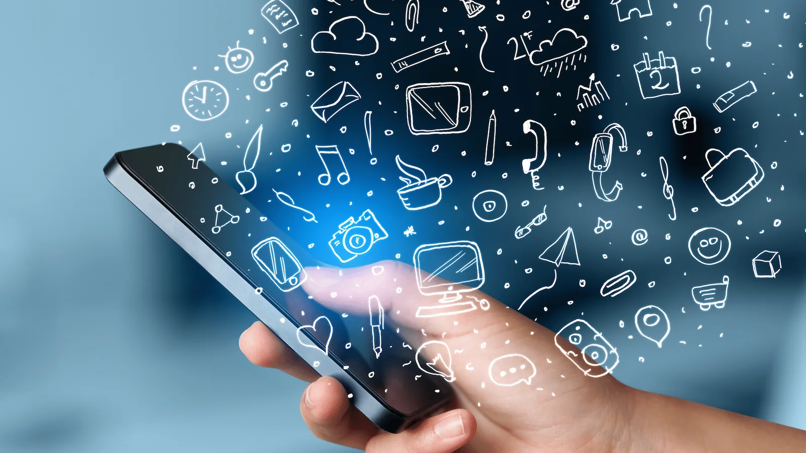 Mobile HR technology Pakistan visualization with smartphone displaying various HR features including attendance, payroll, leave management, expense tracking, employee service, and analytics icons emerging from device, symbolizing mobile-first HR platform accessibility