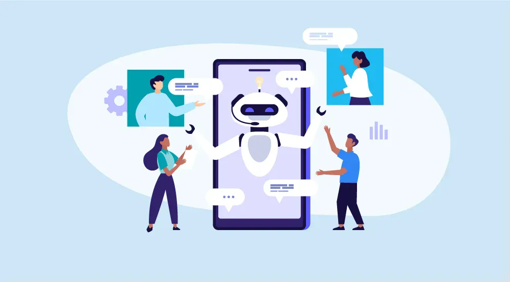 HR chatbots Pakistan concept illustration with AI chatbot on mobile device providing instant employee support, showing multiple workers engaging with automated HR assistant for queries and workplace communication