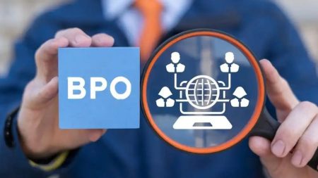 Top 10 BPO services in Pakistan illustration showing businessman holding BPO card with global network connectivity icon representing comprehensive business process outsourcing solutions for modern companies