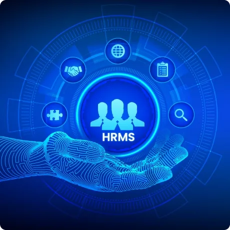 HRSM administration benefits illustrated with digital hand holding HCM system surrounded by HR management icons including employee profiles, compliance, and analytics on blue tech background