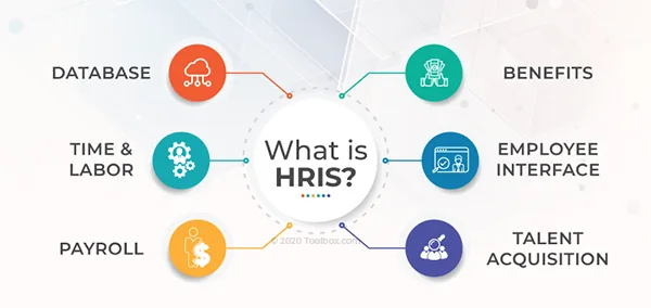 Infographic explaining HRIS in Pakistan with key features including database, payroll, time and labor, benefits, employee interface, and talent acquisition.
