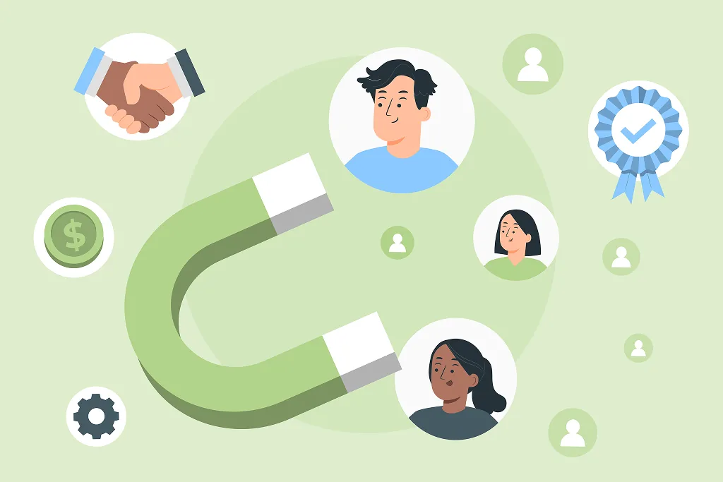 Illustration showing a magnet attracting people icons, handshake, money, and award badge, symbolizing employee retention and efficiency with a Top Payroll Service Provider in Pakistan.