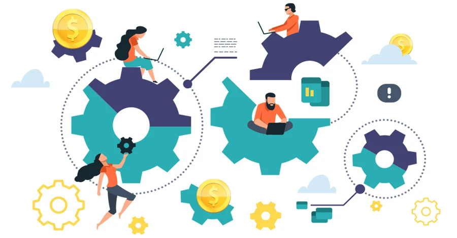 Illustration of people working with interconnected gears and icons representing automation and finance, symbolizing a Payroll Management System.