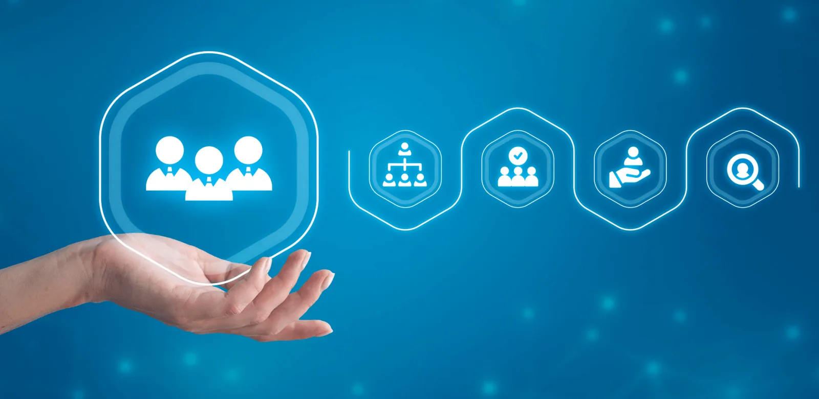 Visual representation of HR and payroll software in Pakistan featuring icons for employee management, organizational structure, recruitment, and workforce analytics on a digital interface.
