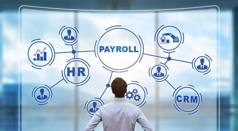 Business professional analyzing a digital interface connecting HR, CRM, and payroll systems, representing HR and payroll automation in Pakistan.