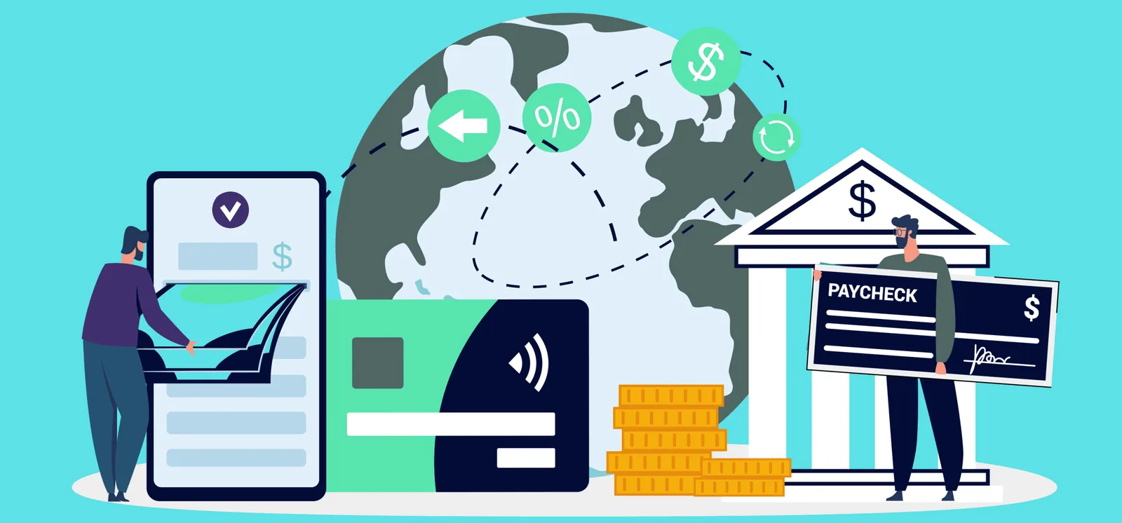 Illustration representing a Global Payroll and HR solutions, showing digital payments, international money transfer symbols, a globe, a mobile device, a credit card, and a person holding a paycheck near a bank, symbolizing global employee compensation and payroll processing.