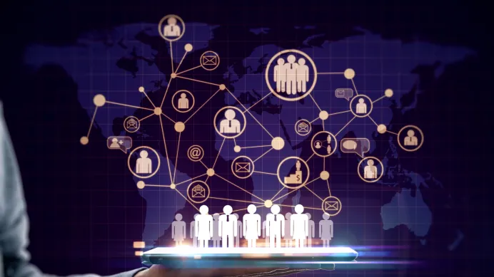 Digital representation of HR Software in Pakistan showing a global network of connected people icons, communication symbols, and technology interfaces.