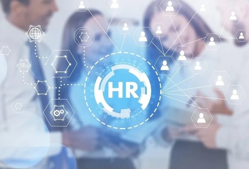 Digital illustration of HR software interface with icons and employees in the background representing modern human resource management technology.