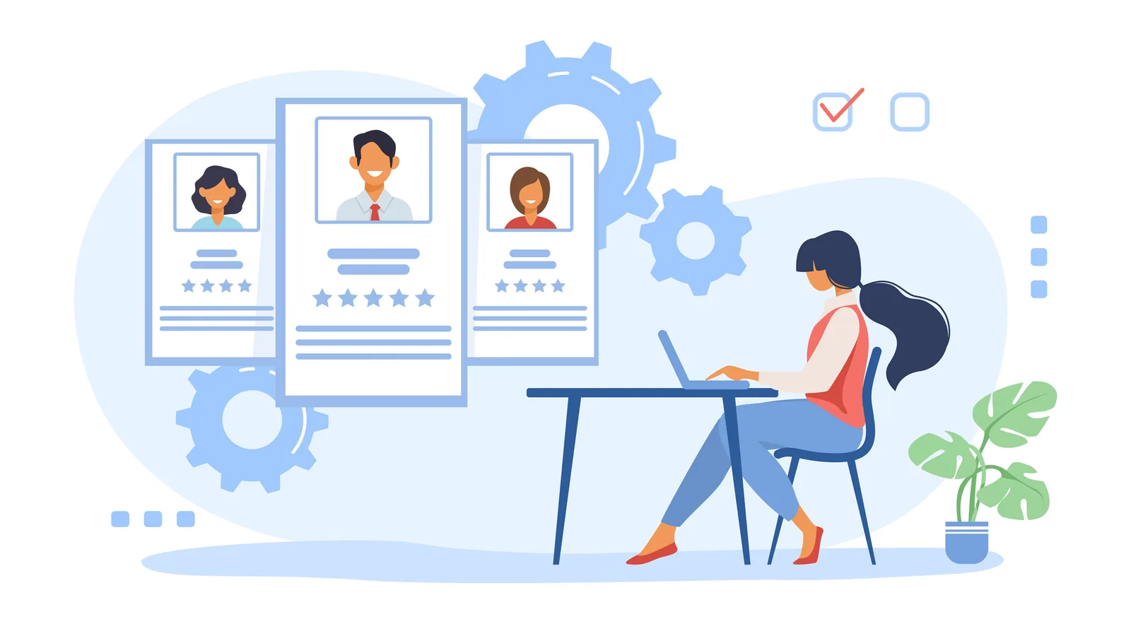 Illustration of a woman using a laptop for HCM Leave Management with employee profiles and automation icons in the background.