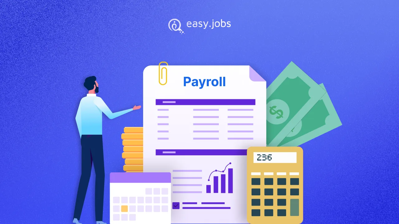 Illustration representing payroll software in Pakistan with a person reviewing payroll data, a calculator, currency notes, and financial charts.