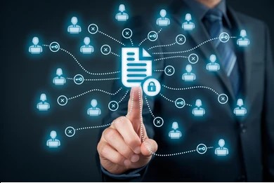 Business professional interacting with a Free HR Software interface, showcasing a secure digital document management system with interconnected users.