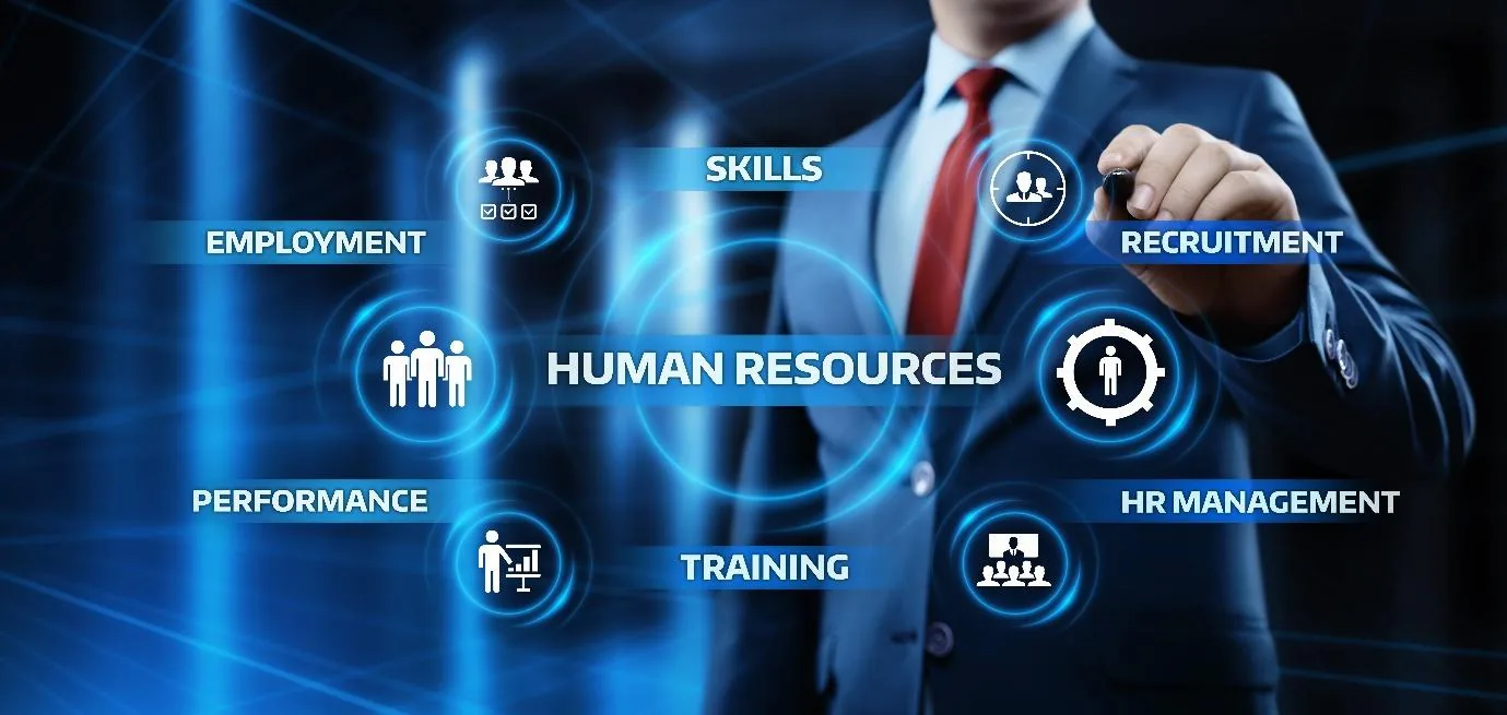 Business professional interacting with digital icons representing human resources processes such as recruitment, training, performance, and HR management, showcasing the importance of payroll software in Pakistan.
