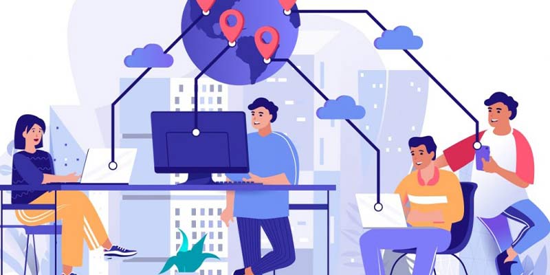 Illustration of people working on laptops and computers, representing a BPO team collaborating remotely. A globe with location pins and connected clouds symbolizes global business process outsourcing. Showcasing BPO companies in Pakistan and their role in providing outsourcing solutions.