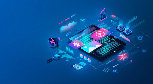 Digital illustration showing Best HCM Software for Large Companies analysis tools, including a magnifying glass, data charts, and automation icons.
