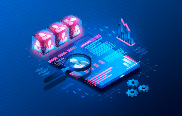 A digital representation of human figures and Best HCM Software for Large Companies surrounding a glowing tablet, showcasing analytics, graphs, and interconnected technology.