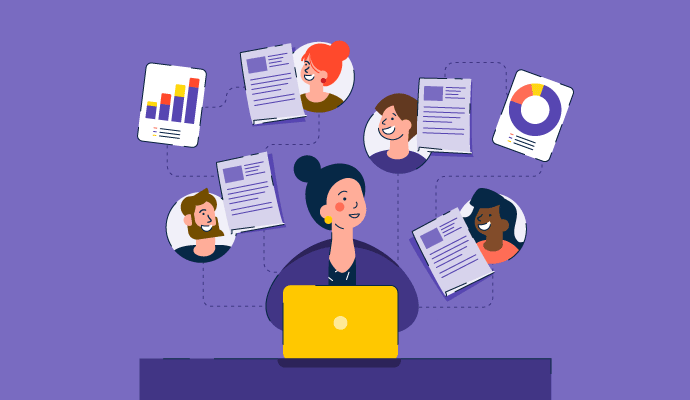Illustration of an HR manager using HR Software in UAE to manage employee data, payroll, and reports, improving efficiency and business success.