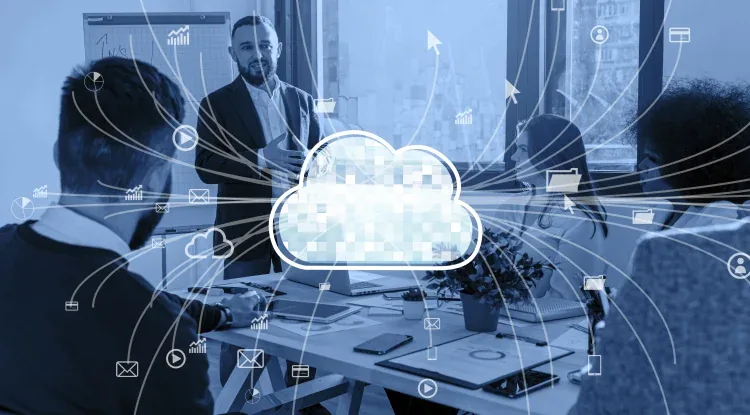 Team discussing  HCM cloud solutions with a focus on scalability and growth, represented by a central cloud and interconnected digital icons